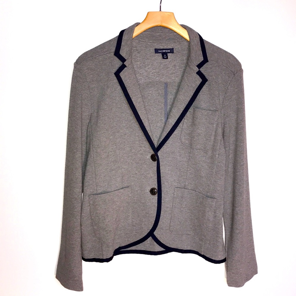 LANDS' END Gray Sweater Blazer Blue Trim Women's SIZE 14 PERFECT CONDITION